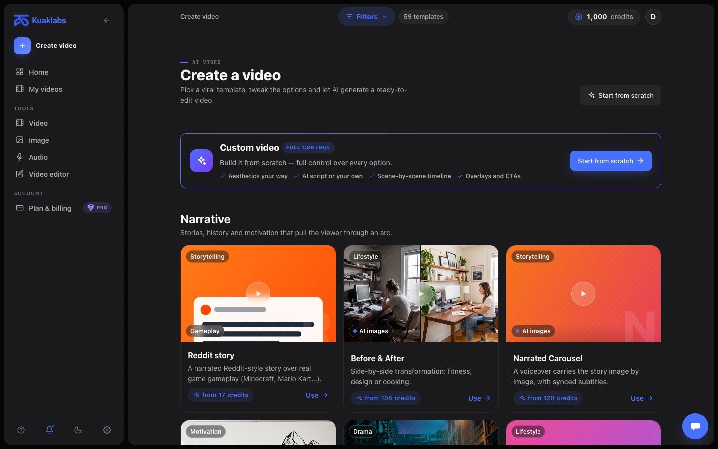 Kuak Studio’s “Create video” screen with its templates